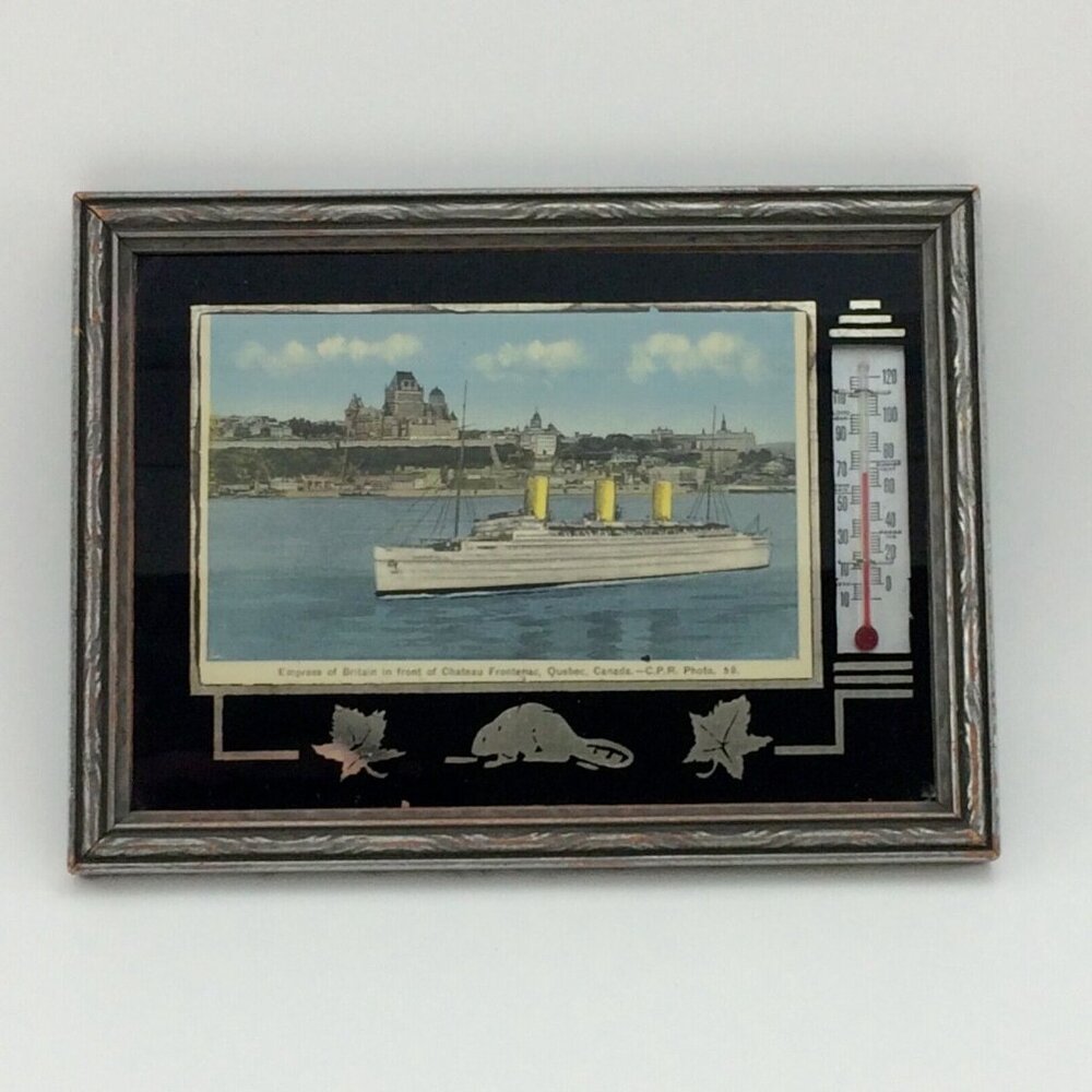 Vtg Framed Empress Britain Boat Postcard Chateau Frontenac Quebec Thermometer